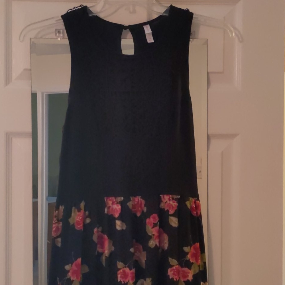 Black floral dress with lace detail on bodice